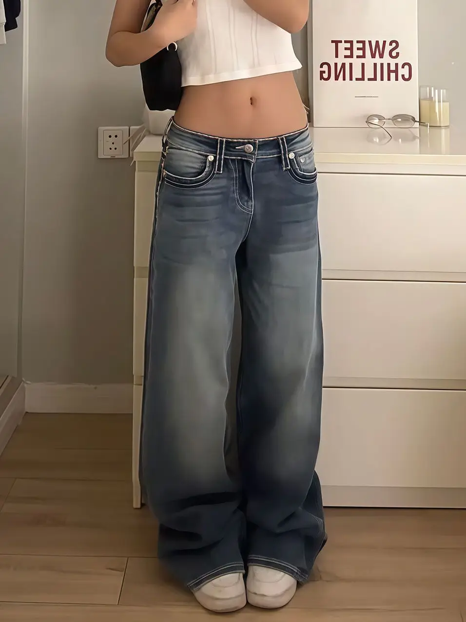 

Женские винтажные синие джинсы с вышивкой Y2k, уличная одежда с высокой талией, широкие джинсовые брюки, прямые мешковатые брюки в американском стиле ретро