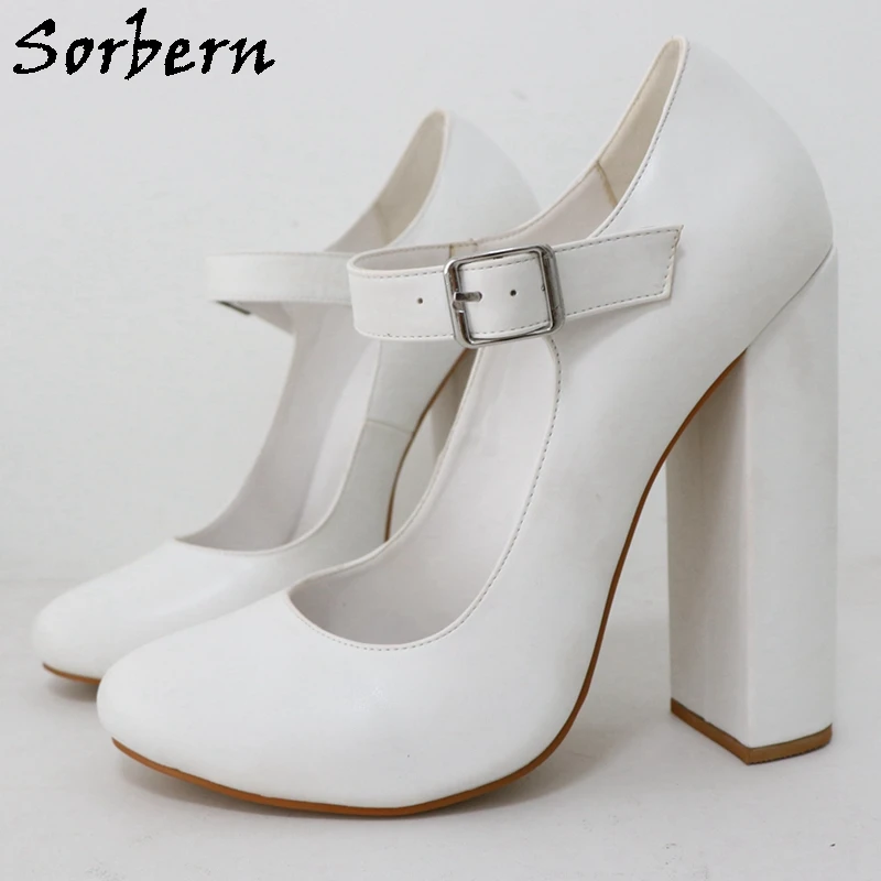 Sorbern White Matt Mary Jane Women Pump Shoes Block High Heel Unisex Plus Size Eu46 With Heel 16Cm Chunky Heeled Multi Color