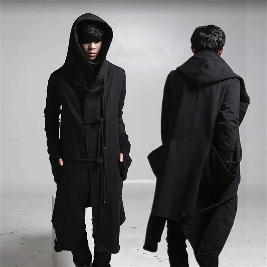 

2026 New Spring Men Hip Hop Long Trench Coat Hooded Jacket Men's Black Cardigan Punk Style Streetwear Hoodies Plus Size