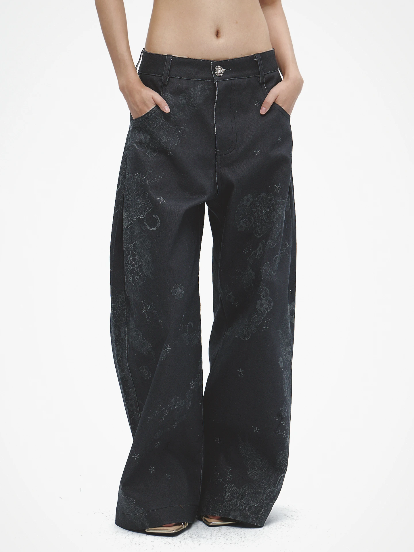 

Широкие брюки Faychui 25aw с кружевом, модный дизайн, свободные универсальные прямые джинсы с широкими штанинами, хлопок, растительный цветочный принт, на все сезоны