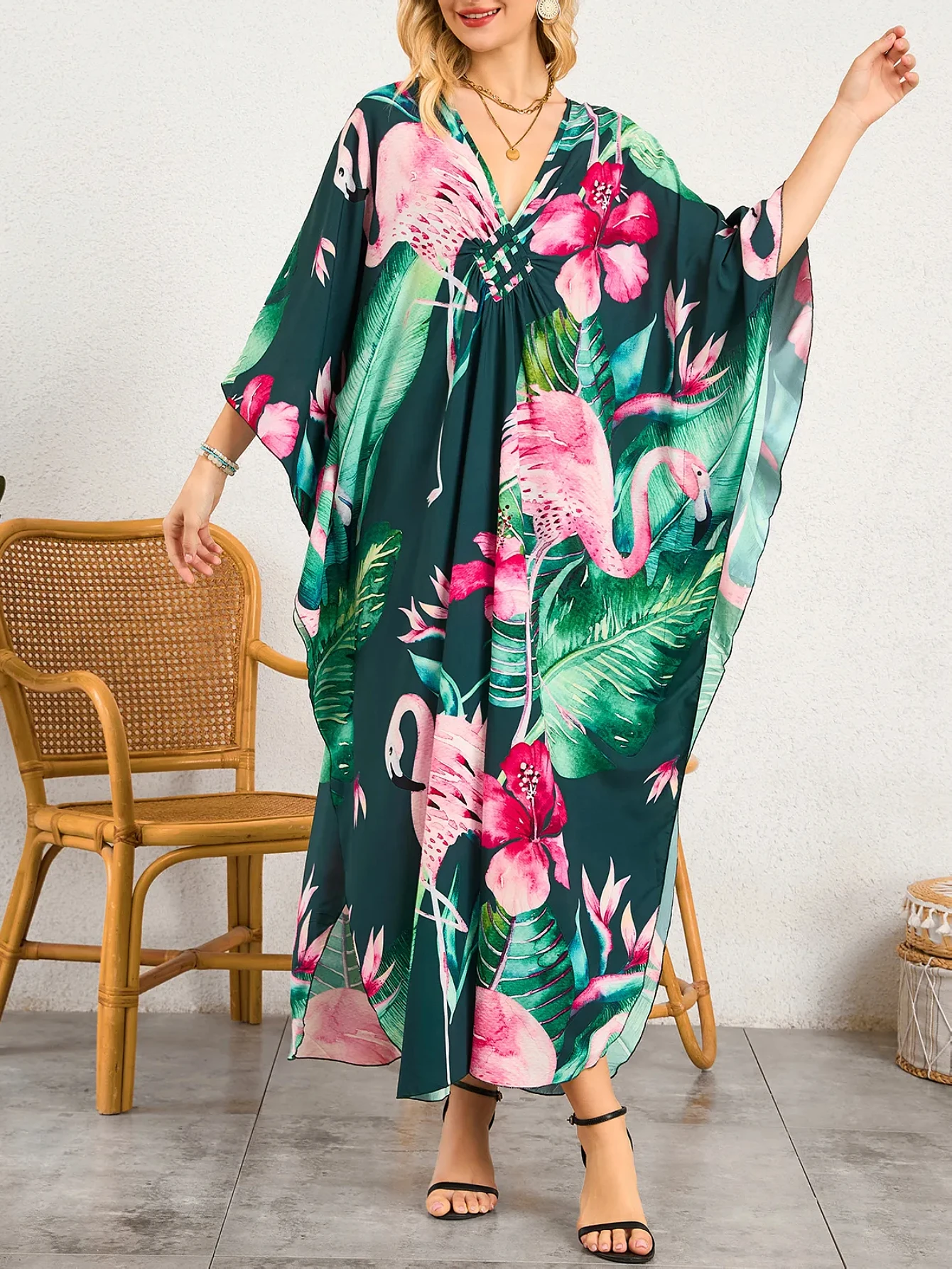 

Пляжное платье-кафтан для женщин, больших размеров, с рукавами «летучая мышь», в гавайском стиле, для накидки поверх купальника, летнее