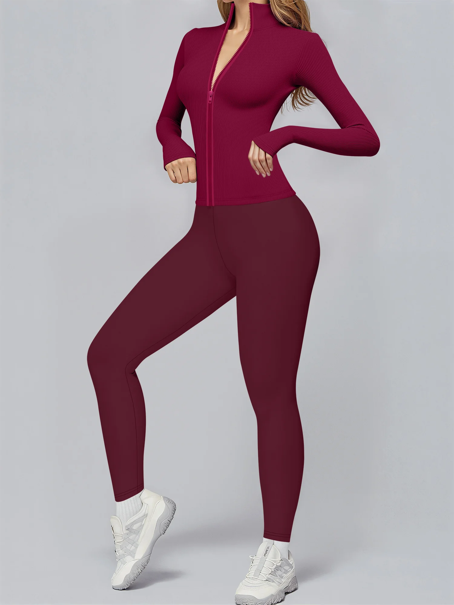 

Премиальный комплект спортивной одежды в рубчик: облегающий топ на молнии и леггинсы с высокой талией, подходят для фитнеса и повседневной носки