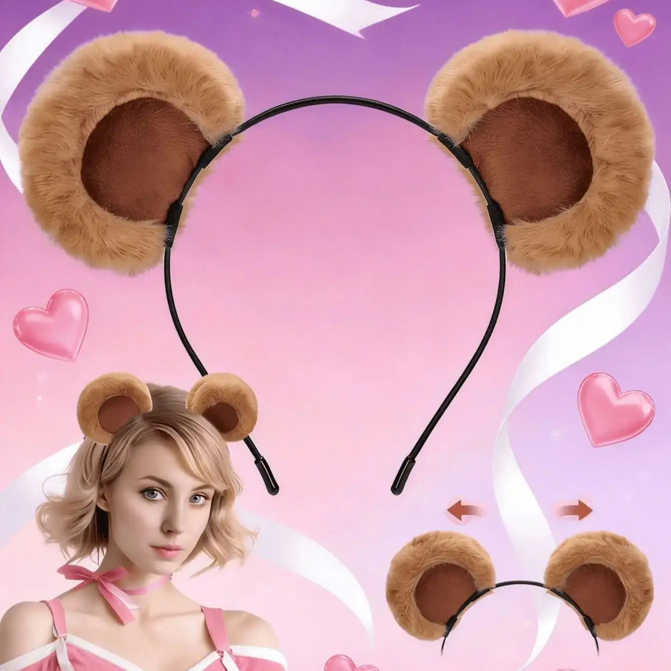 1 diadema con orejas de oso marrón para el Día de San Valentín, bonita aro de pelo de oso de peluche con orejas móviles, perfecta para maquillaje, lavado de cara de animales