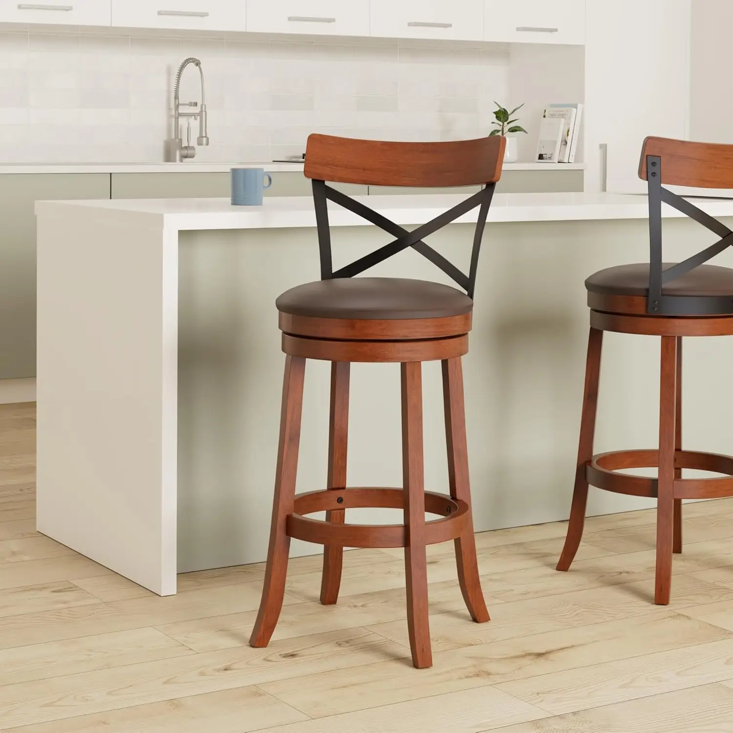 Swivel Bar Stools Set of 4 with PU Cushion and Solid Cappuccino Rubberwood Barstool for Kitchen Island Counter Pub - 29 Inch