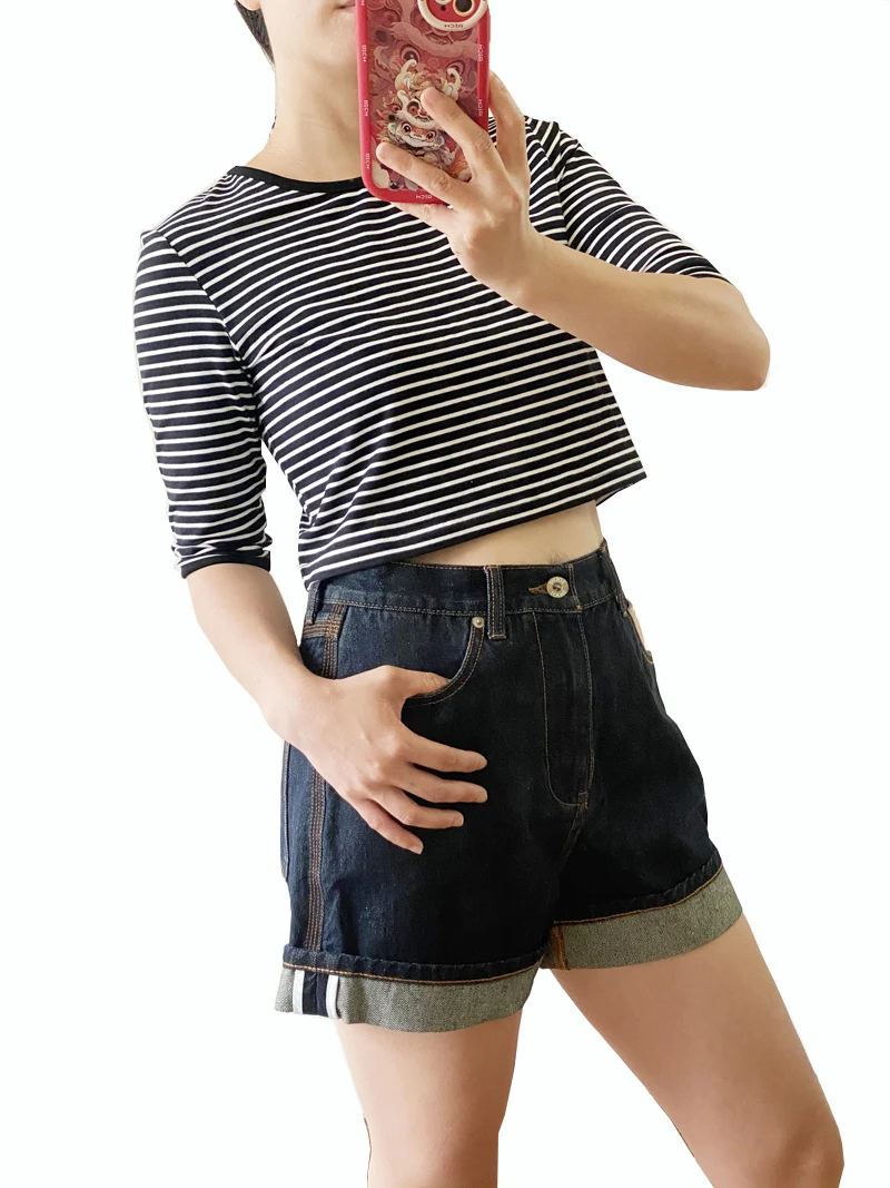 Short en jean taille haute pour femme, short décontracté, bleu foncé, bord roulé, cuir adt, lavé, abonnés, été, nouveau, 2024