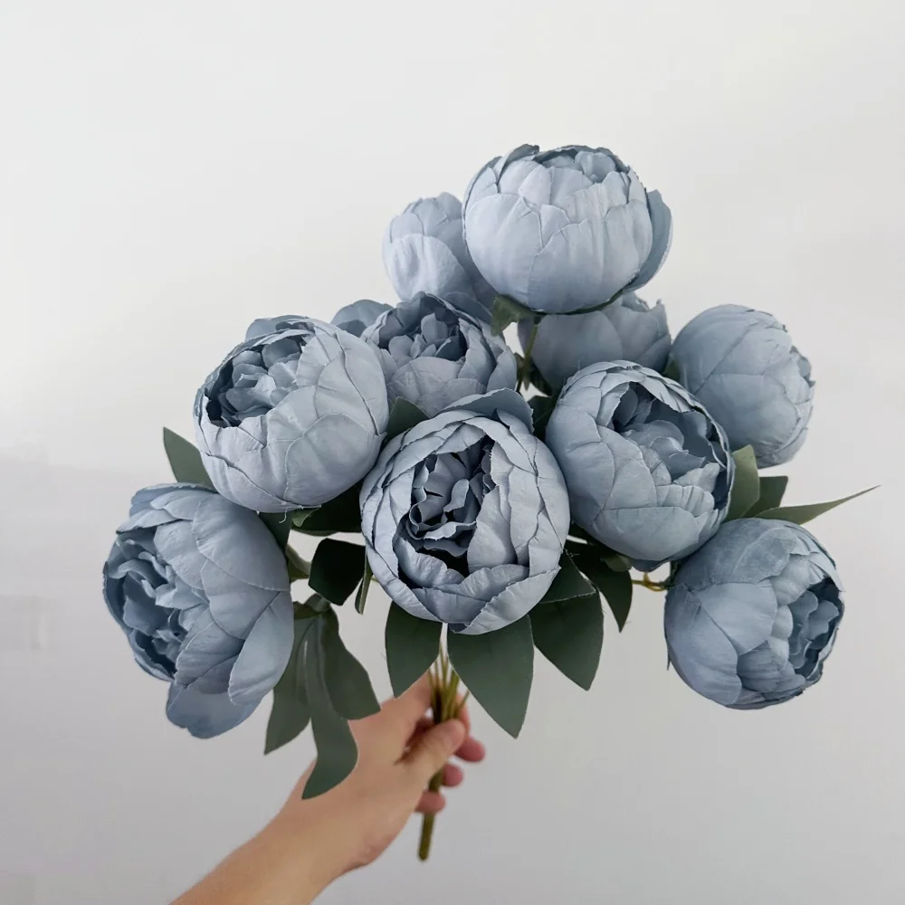10 Heads Silk Peony Bouquet Blue Artificial Flower Wedding Home Bridal Bouquet Fake Peony For Arched Living Room Desktop Decor