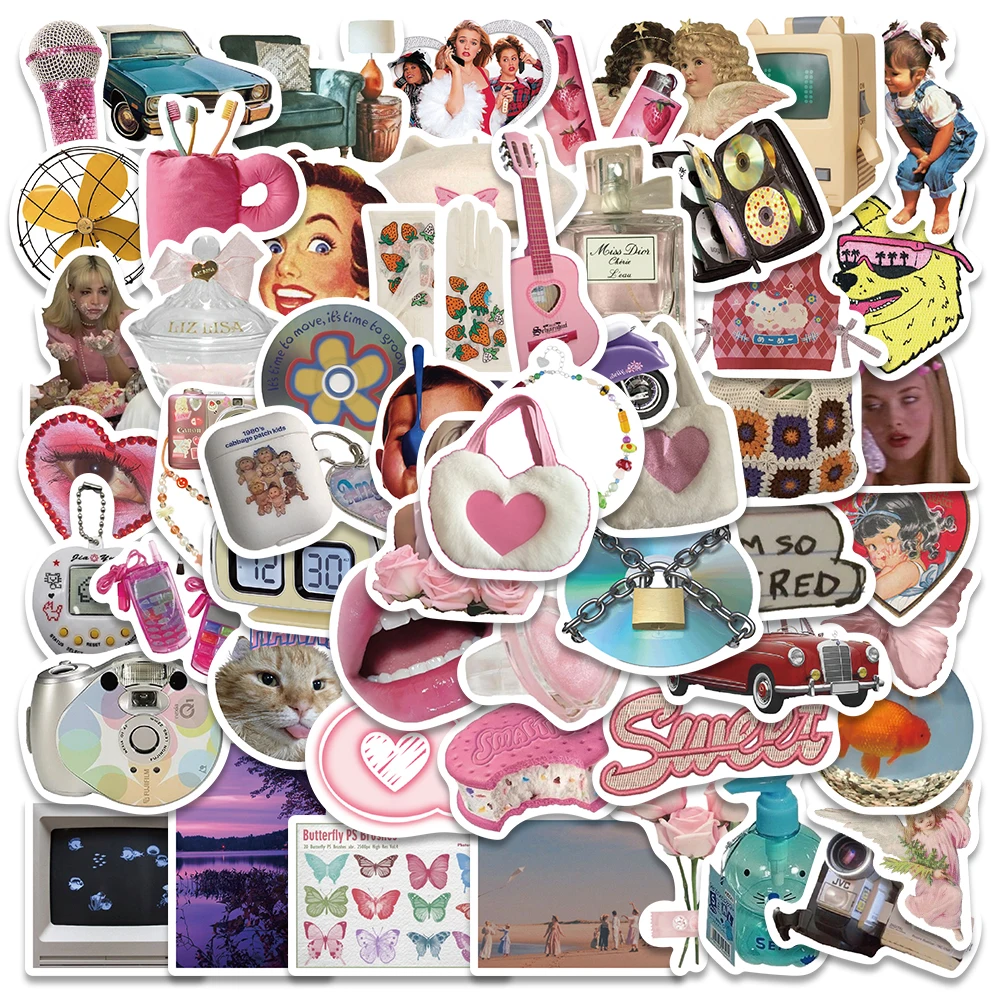 65pcs Retro Millennium Style Y2K Girls Kawaii Stickers Funny Cute Decals For Girls Suitcase Phone Guitar Stickers Kids Toys