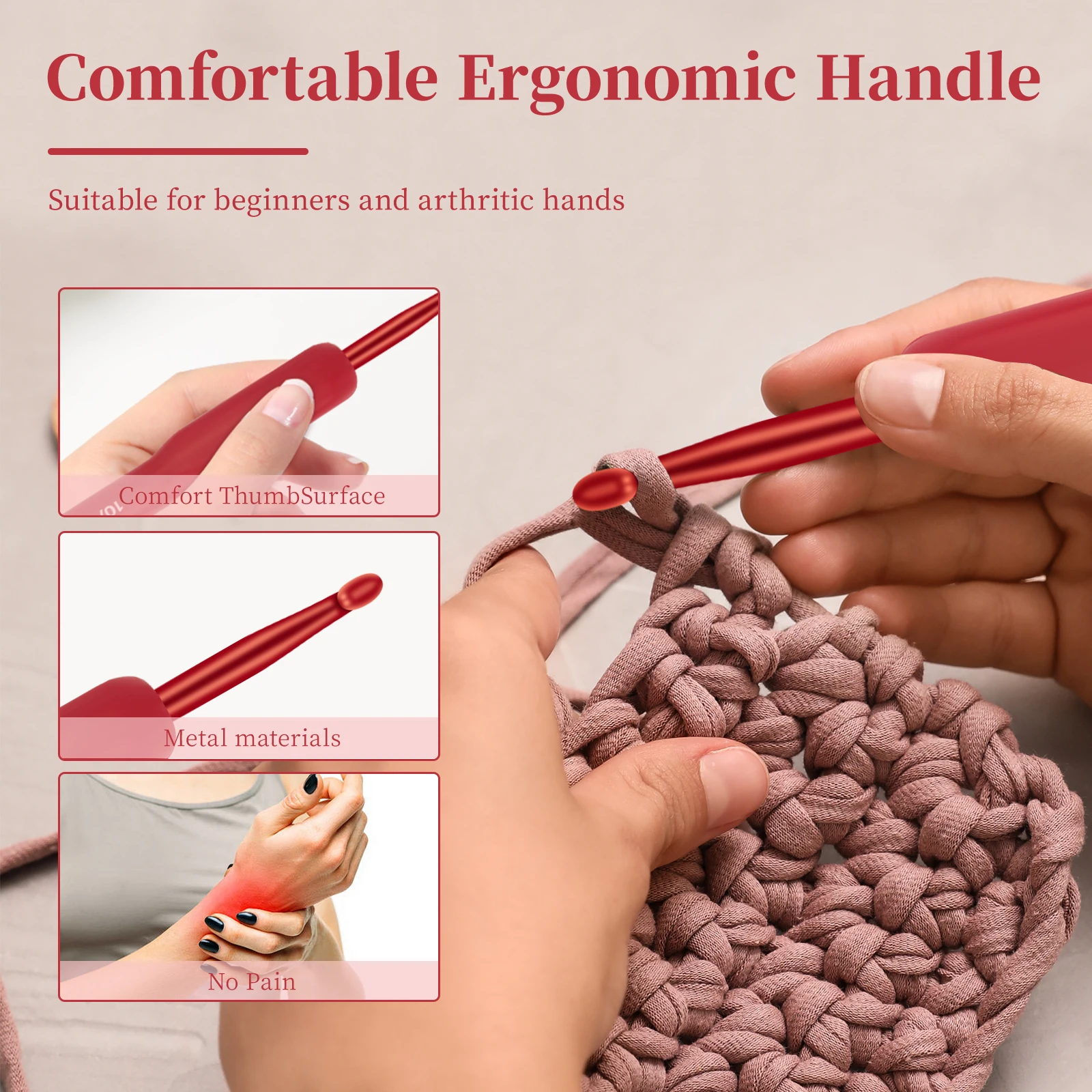 Red Crochet Hook Needle Silicone Handle Aluminum Crochet Needle Set Ergonomic Crochet Hooks for Arthritic Hands Crochet Gift9Pcs image 3