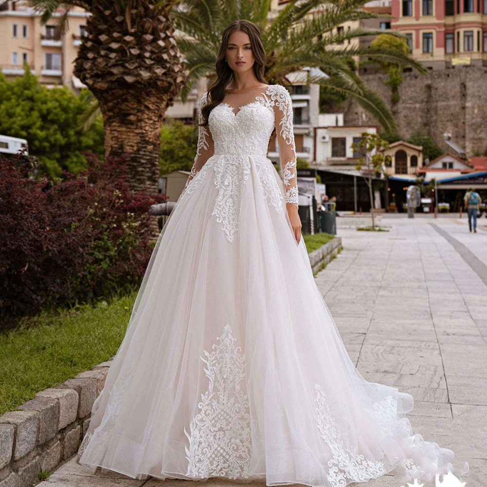 

Elegnat Long Sleeves V-neck Lace Applique Bridal Grown A Line Wedding Dresses Sweep Train Custom Made 2026 Rode De Morrie