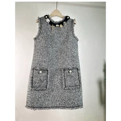 Black Round Neck Tassel Sleeveless Small Fragrance Dress Female Loose A Line Fashion Elegant High Quality Women Vest Tweed Dress