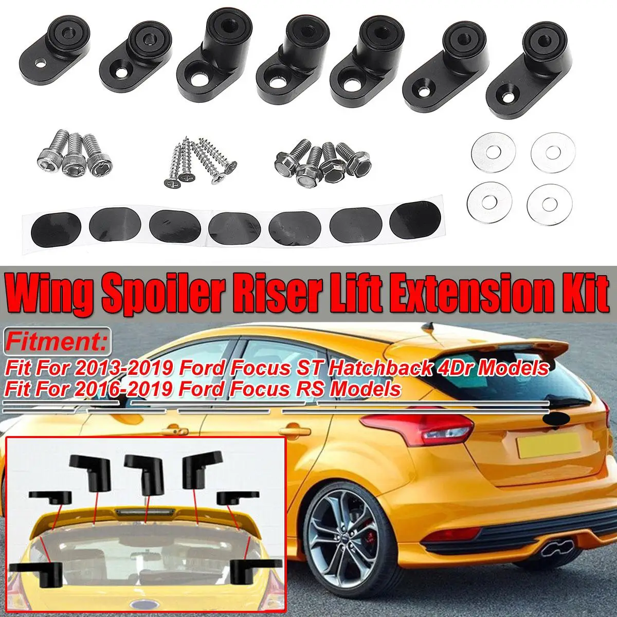 Black/Silver Car Rear Trunk Spoiler Wing Riser Lift Extension Kit For Ford For Focus ST Hatchback 4Dr 2013-2019 RS 2016-2019