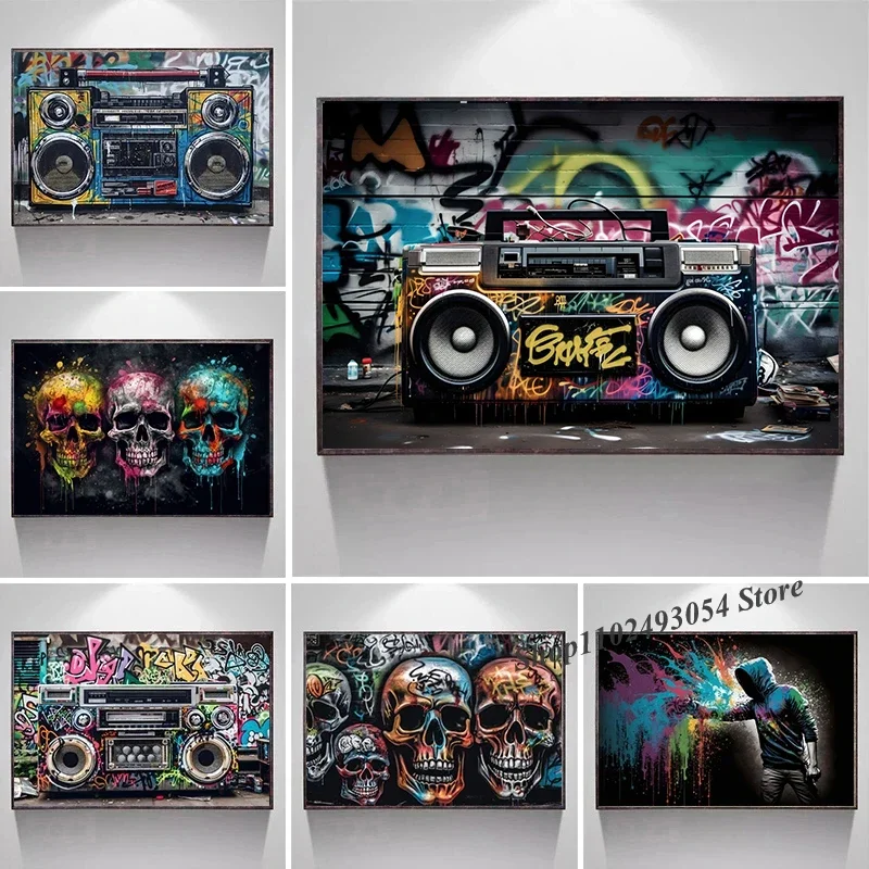 Graffiti Street Radio Speaker Skull Pop Music Girls Poster Print Canvas Painting and Wall Art Pictures Studio Office Room Decor