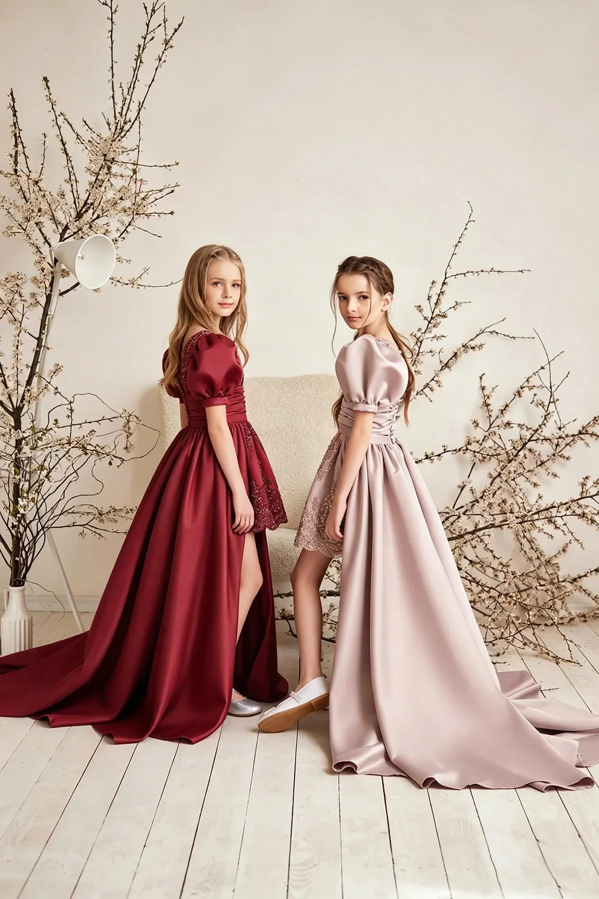 Elegant Puff Sleeves Flower Girl Dress for Wedding Satin Sequins Lace Kids Birthday First Communion Ball Gowns Custom