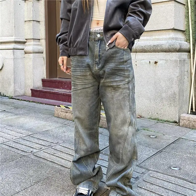 

Retro American Waed Patchwork Men's Jeans Bell Bot High Street Cool Dirt Dyed Loose Fit Long Straight Tube Jeans