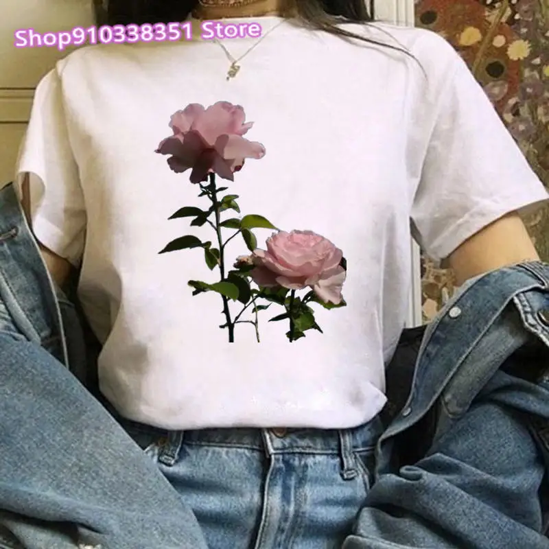 

Fashion Rose Flower Print Women T Shirt Harajuku Short Sleeves Tshirts Casual O-neck Top Tee Shirt Women White T-shirt