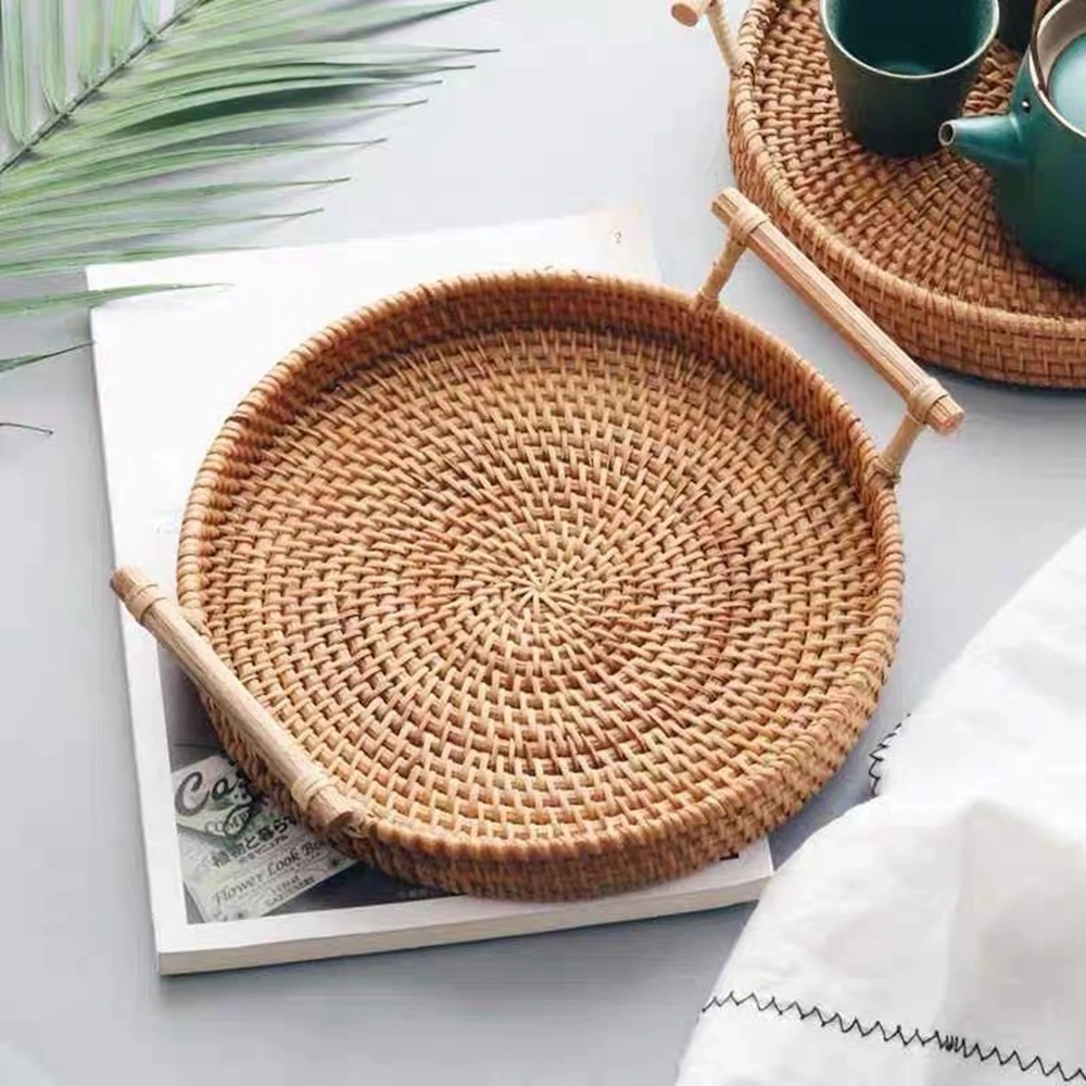 Hand-Woven Rattan Tray Round Food Storage Platters with Wooden Handle Perfect Gift for Breakfast Coffee Boho Farmhouse Decor