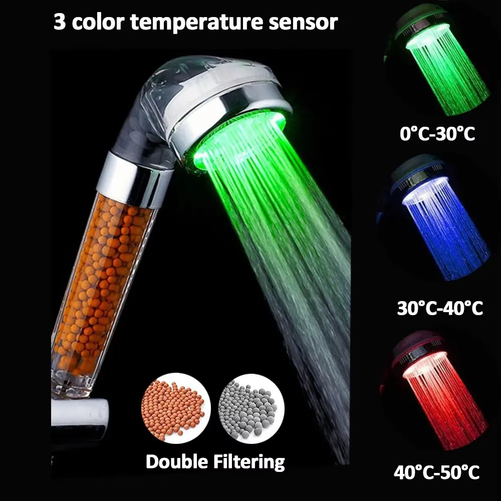 Bathroom 3/7 Color Changing Led Shower Head High Pressure Water Saving Sensor Negative Ion Filter Shower Head Nozzle