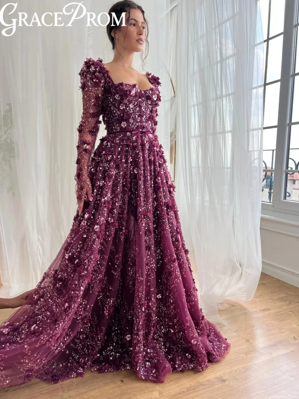 

Dreamy Purple Beaded 3D Flower Evening Dress Modest Square Neck Wedding Party Gown Customized A-line Floor-length Prom Dresses
