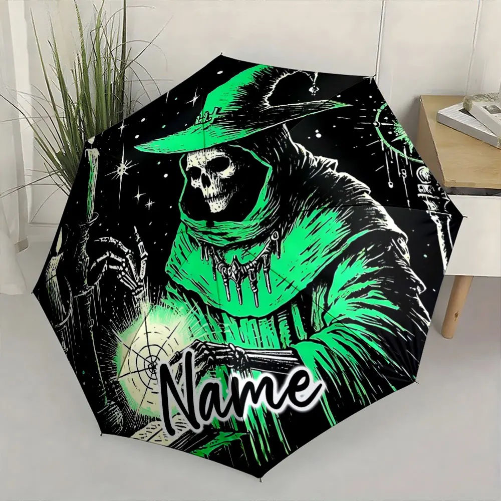 Custom Name  Mystic Skeleton Wizard Design Umbrella Print 8 Iron Ribs Folding Umbrella Auto-Open Fashion Sunshade