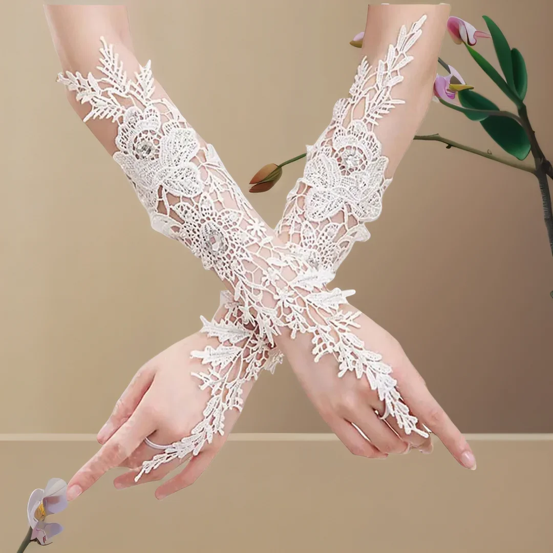 Лидер продаж, женские свадебные перчатки с кружевными кристаллами, свадебные перчатки без пальцев, длинные перчатки цвета слоновой кости с цветочным принтом, свадебный аксессуар для невесты