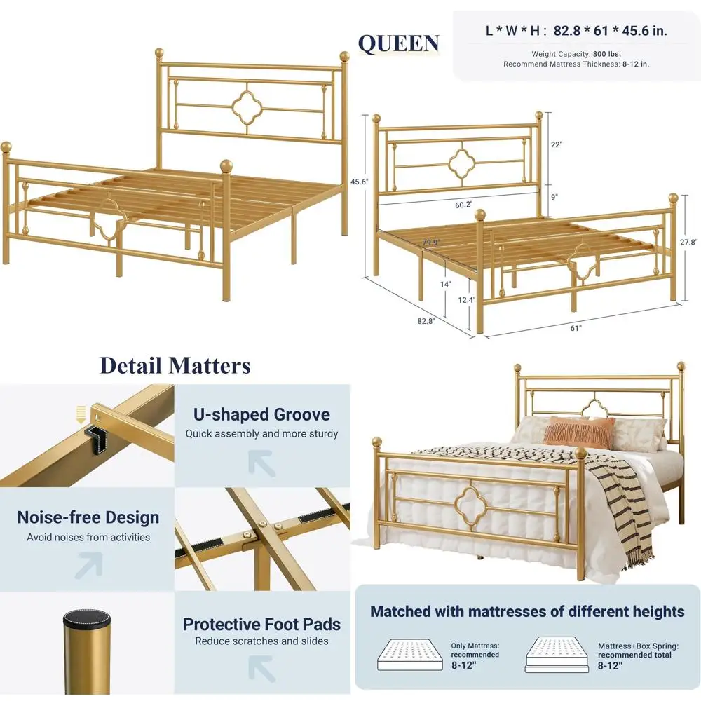 

Металлическая кровать-платформа Gold Queen Size с винтажным ламельным основанием, местом для хранения под кроватью, без необходимости использования пружинного блока, бесшумная, простая в сборке