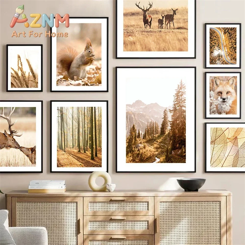 Autumn Wheat Forest Landscape Posters Canvas Painting Squirrel Fox Deer Wall Art Print Nordic Poster Picture Living Room Deco