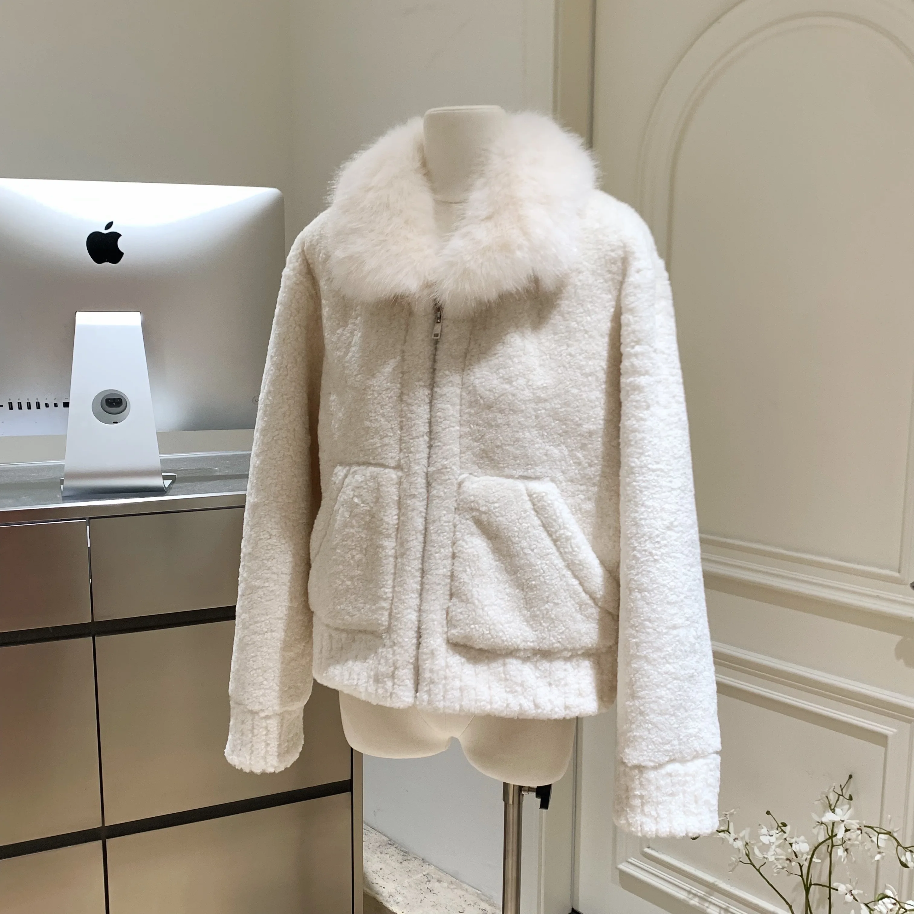 Giacca da donna in lana sintetica a maniche lunghe con collo in pelliccia sintetica autunno inverno da donna Top capispalla caldo e spesso in pelliccia sintetica soffice