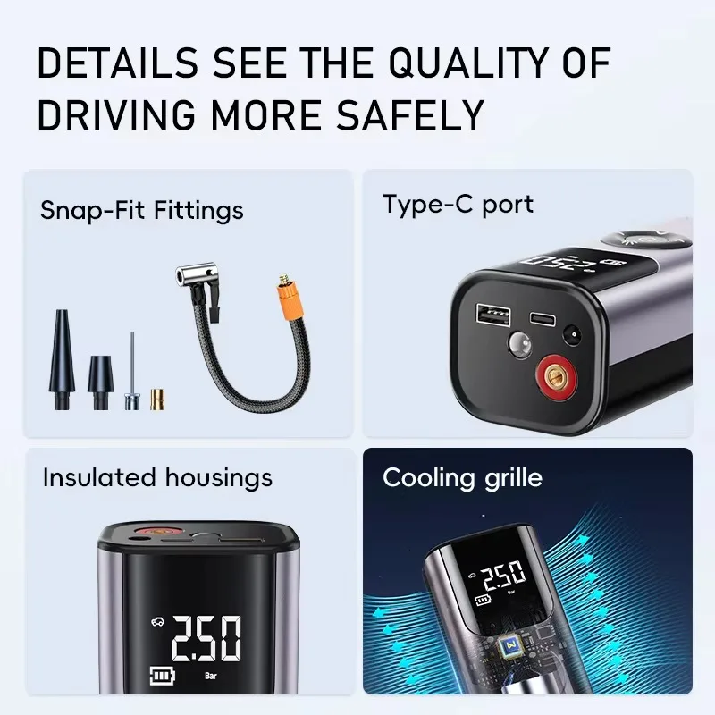 Portable Wireless Car Air Pump Rechargeable 3600mAh Battery Type C And Cigarette Lighter Dual Use Tire Inflator