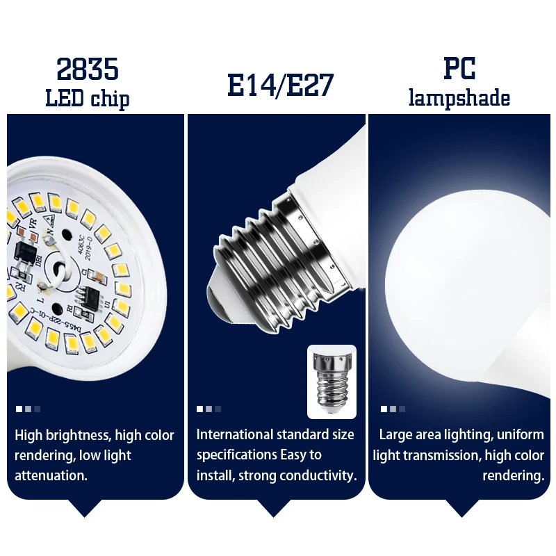 Lâmpada LED de Potência Real, Lâmpada de Alto Brilho, E14, E27, AC 220V, SMD2835, 3W, 6W, 9W, 12W, 15W, 18W, 20W, 24W