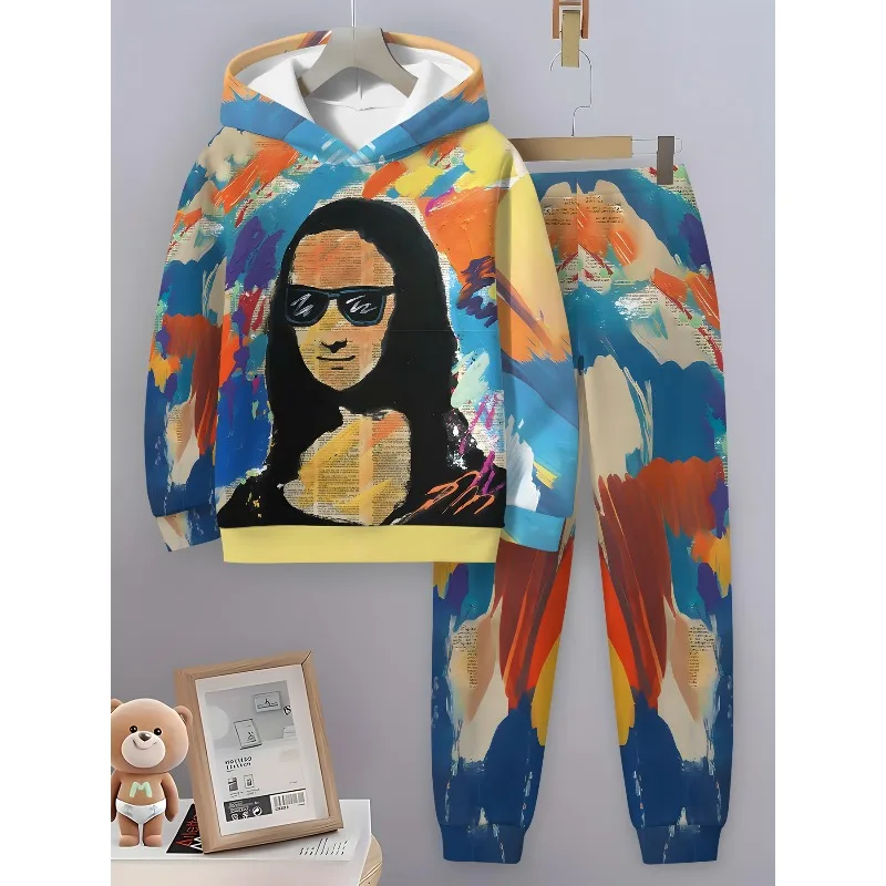 2025 комплект из 2 предметов, крутой комплект с капюшоном с 3D принтом Моны Лизы и улыбкой, модная повседневная спортивная одежда