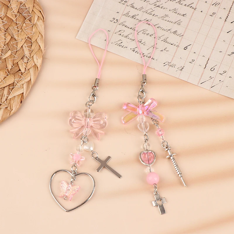 

Sweet Cute Bow Heart Pendant Phone Chain Lanyard For Girls Y2K Pink Mobile Phone Straps Bags Hanging Decorations