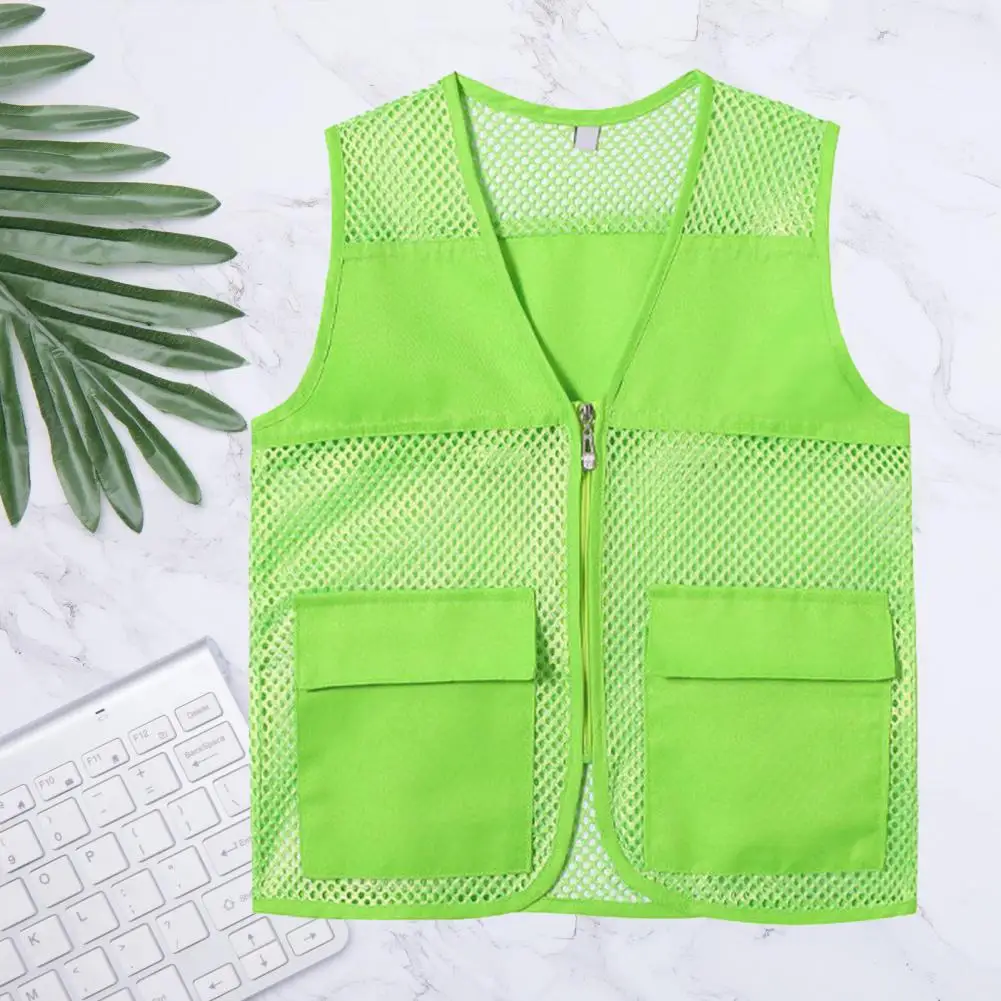 Fishing Vest Hollow Out Zipper Placket Double Pockets V-neck Work Vest Volunteer Bright Color Loose Fit Unisex Work Waistcoat