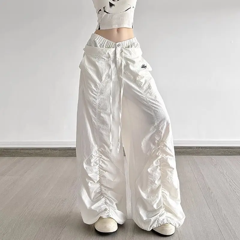 

Брюки Deeptown белые женские с низкой талией, в стиле Y2K, с вышивкой букв, плиссированные, с двойным поясом, широкие, в корейском стиле, свободные, в стиле хип-хоп