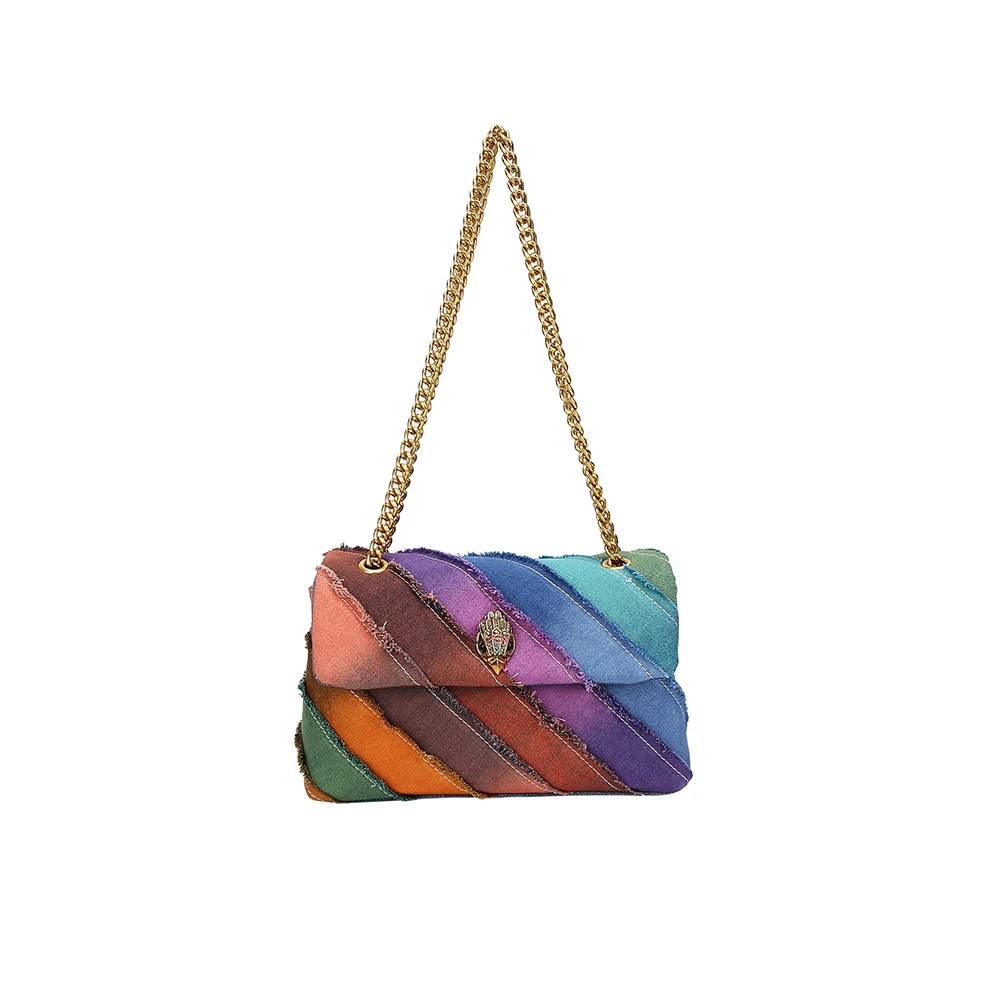 Fanshion-Bolso de mano colorido para mujer, bolsa de mezclilla lavada con estampado de tejido, monedero de combinación de arcoíris, bolso cruzado de