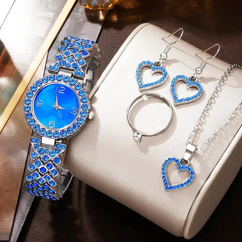 Women\'s Quartz Watch Blue Luxury Women Ring Necklace Earring Rhinestone Fashion Wristwatch Casual Ladies Watches Jewelry Set