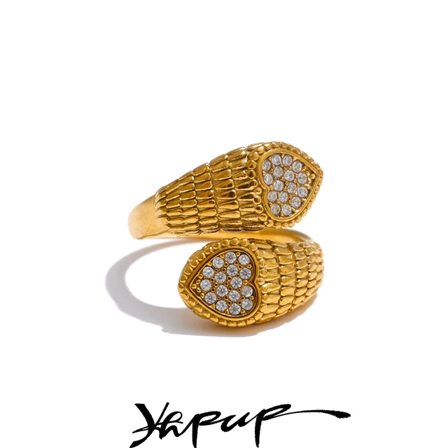 Yhpup Stylowy regulowany pierścionek ze stali nierdzewnej z cyrkoniami w kształcie serca węża dla kobiet 18K PVD Plated Jewelry New