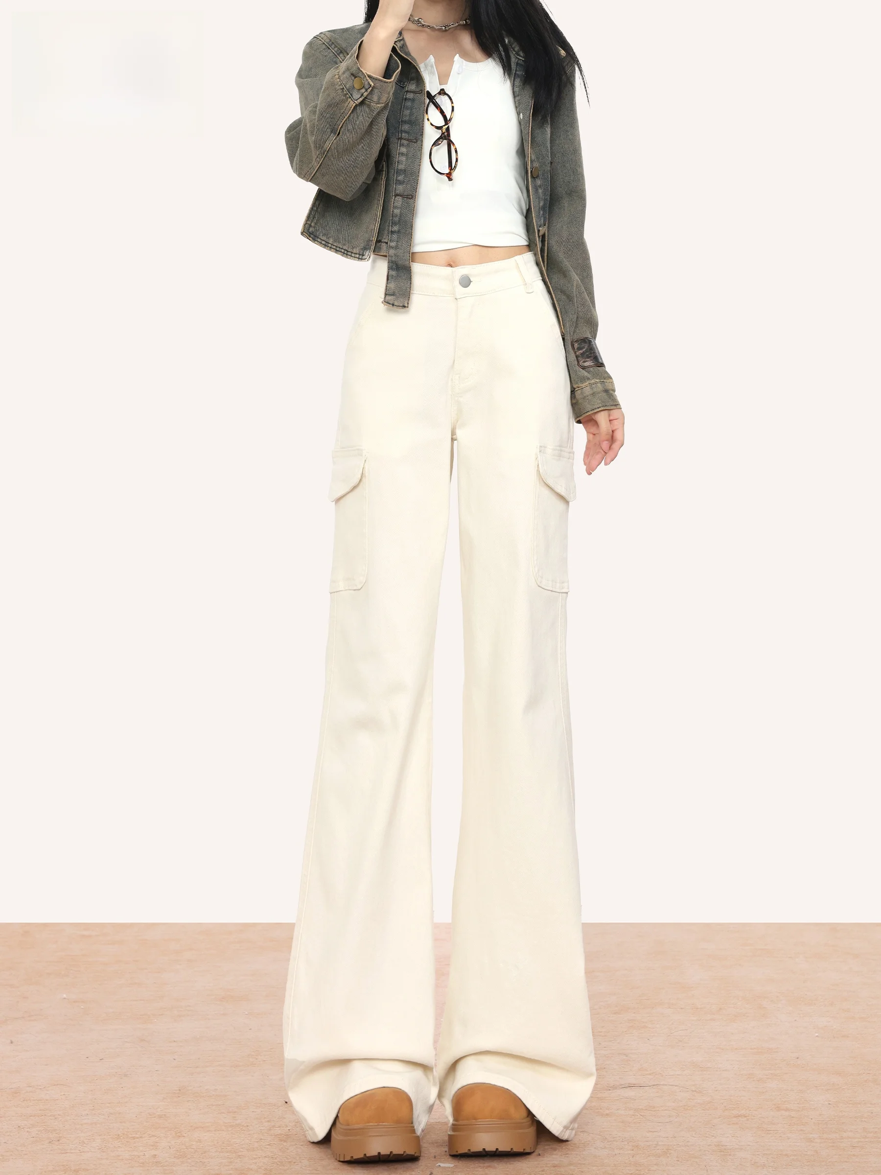 

High Waist Bell Bottom Denim Jeans Women's Autumn New Style Slimming Design Pocket Flared Trousers Cotton Stretchy Casual