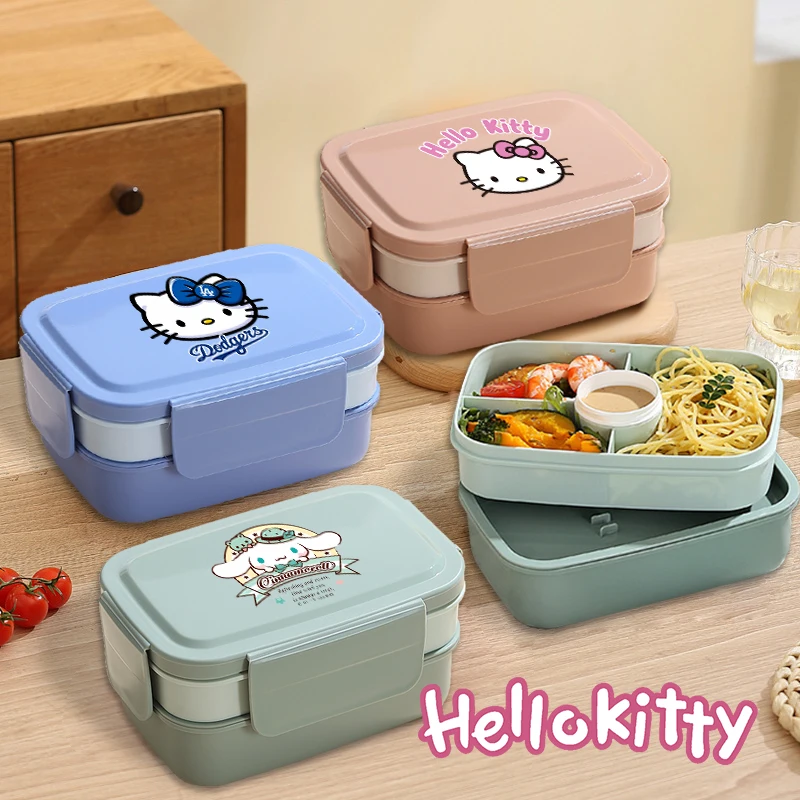 

1.5L Sanrio Hello Kitty Double-layer Lunch Box with Fork Snoop Cute Cartoon Large Capacity Food Container Fashion Snack Storage
