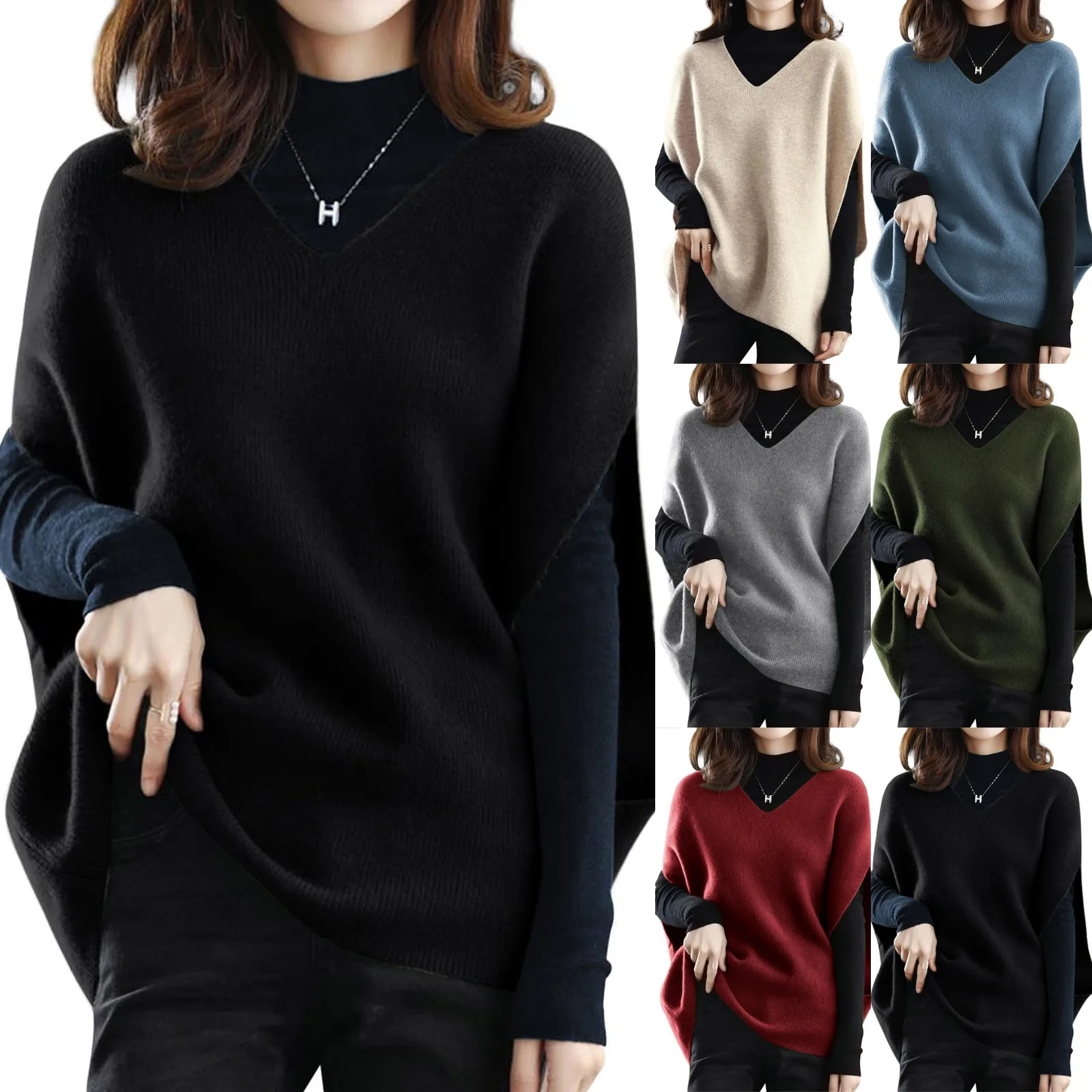 New Female Sweater Autumn Winter V-neck Bat Sleeve Solid Color Versatile Long Sleeve Loose Knit Pullover