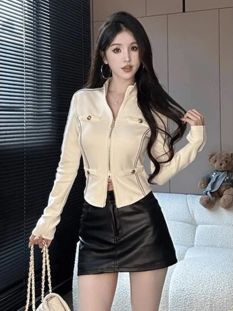 Slim Fit Short Double Zipper Stand Collar Jacket Women's Early Spring New Style plus Size Warmth Commute Style Korean Version