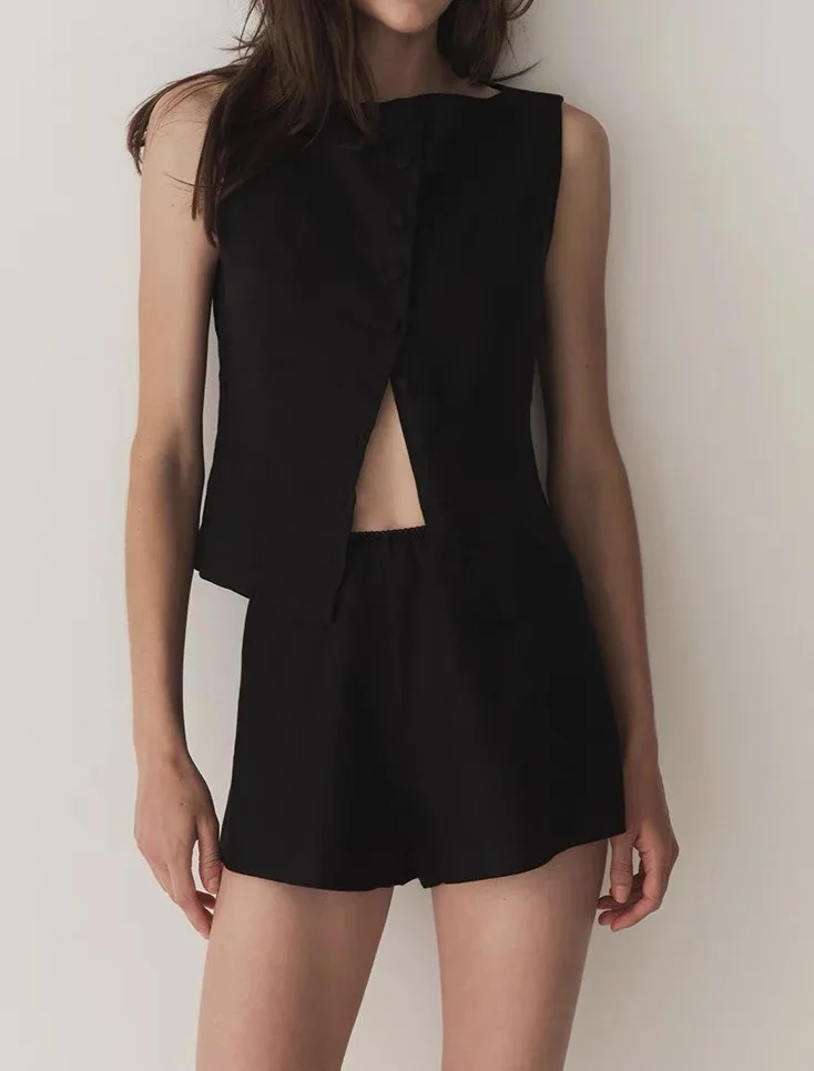 خواتین O-Nek Single Breasted Sleeveless Vest Coat + High Waist Shorts