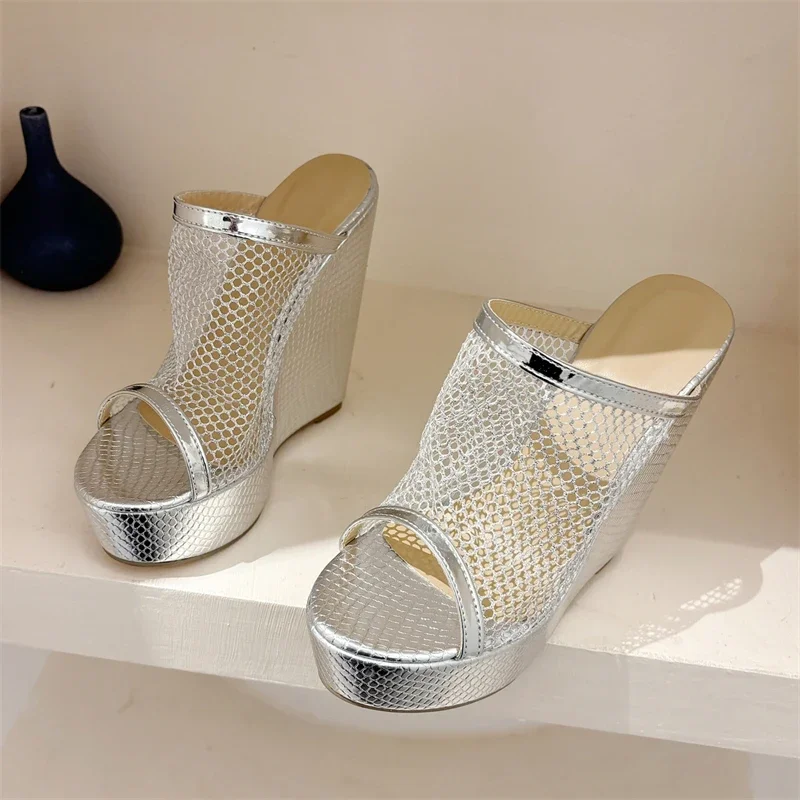 Eilyken Street Style Gold Silver Fashion Open Toe Platform Wedges Women Slippers Design Mesh Fabric Banquet High Heels Shoes