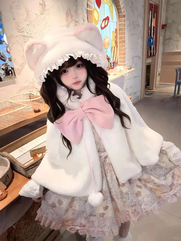 NONSAR Lolita Sweet Cute Shawl 2024 New Winter Girl Women's Pink Bow Furry Hooded Cloak Jacket Thick Warm Cape Coat Outwear