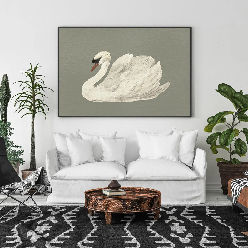 Antique Pastel White Swan Lotus Vintage Animals Artwork Poster Canvas Painting Wall Art Pictures Home Country Farmhouse Decor