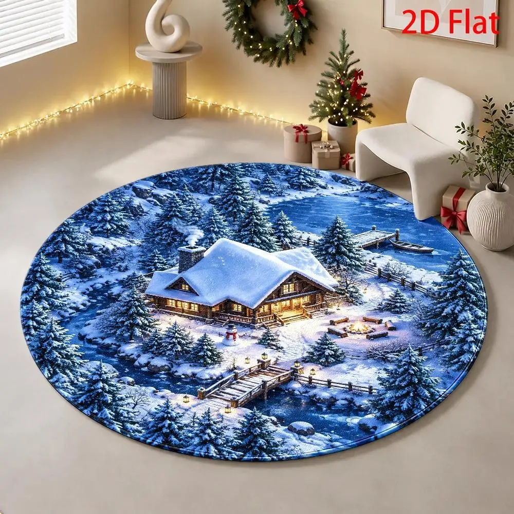 Round Christmas Carpet Winter Snow Cabin Pine Tree Pattern Soft Floor Mat Holiday Ornament for Home Interior Decoration