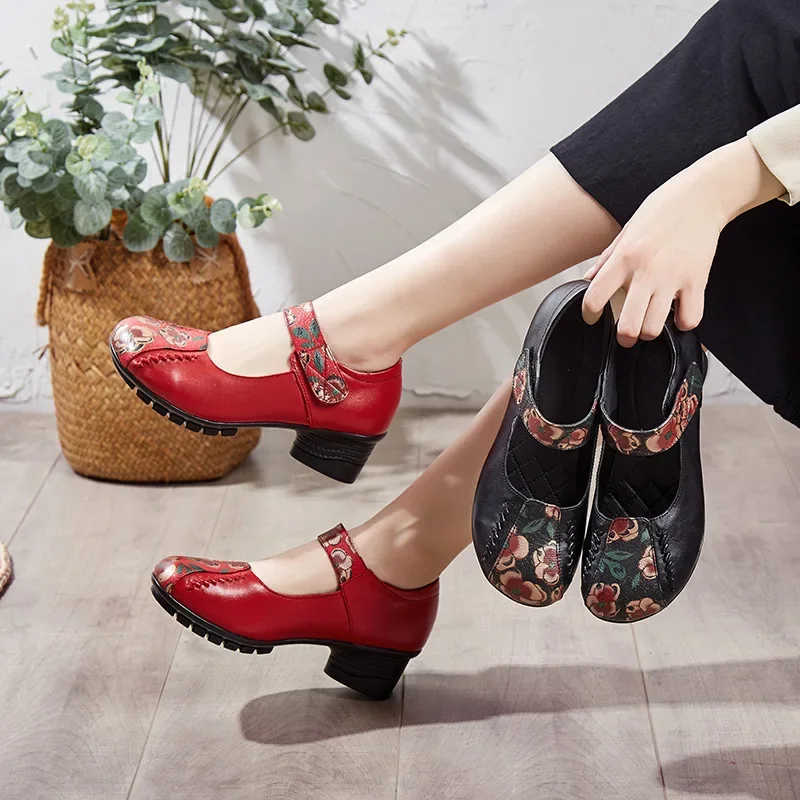 BEYARNE Spring Autumn National Style Women Pumps Flower Printing Round Toe Genuine Leather Women Chunky Heel Shoes Plus Size