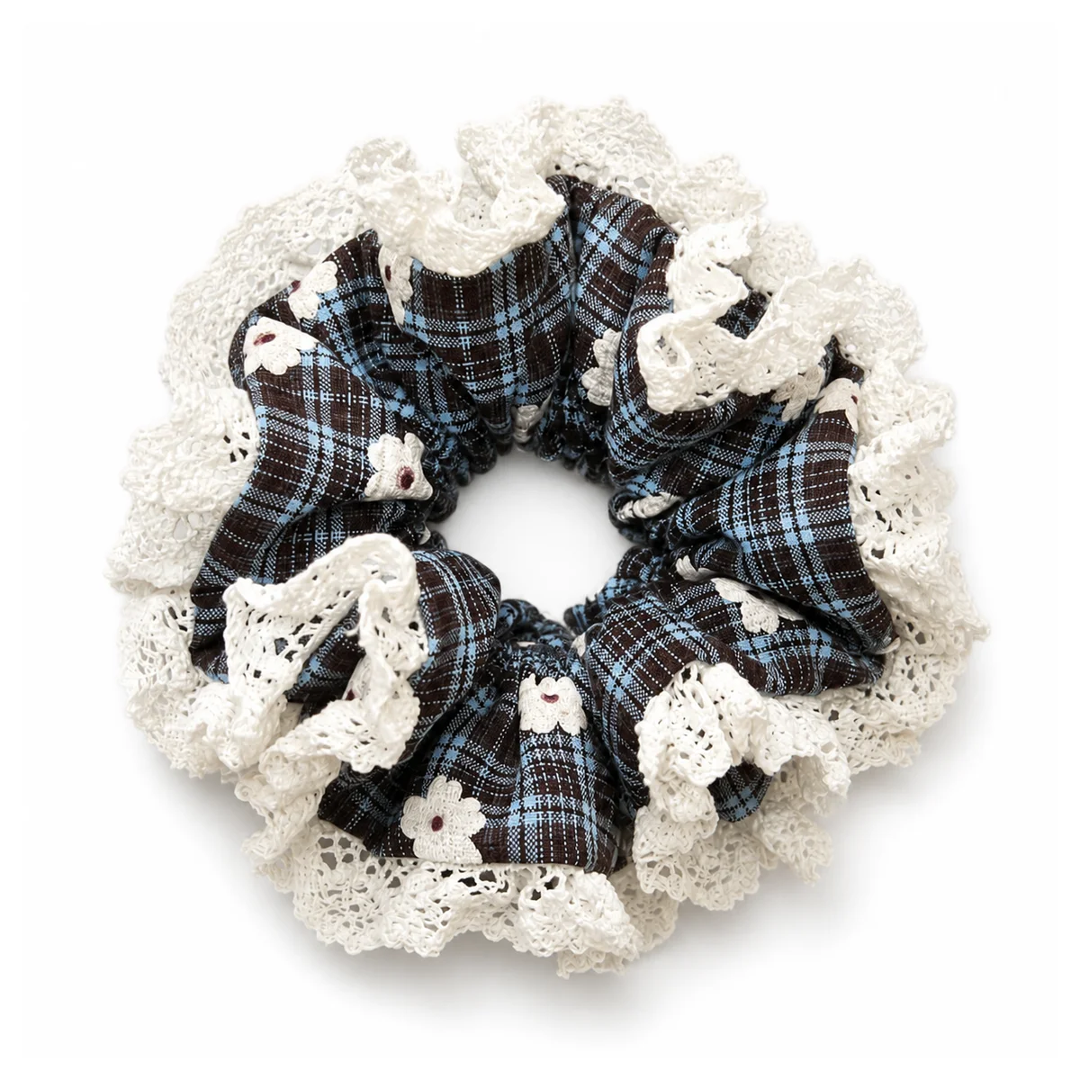 chocolate-brown-powder-blue-plaid-ivory-floral-lace-ruffled-double-layer-hair-scrunchie