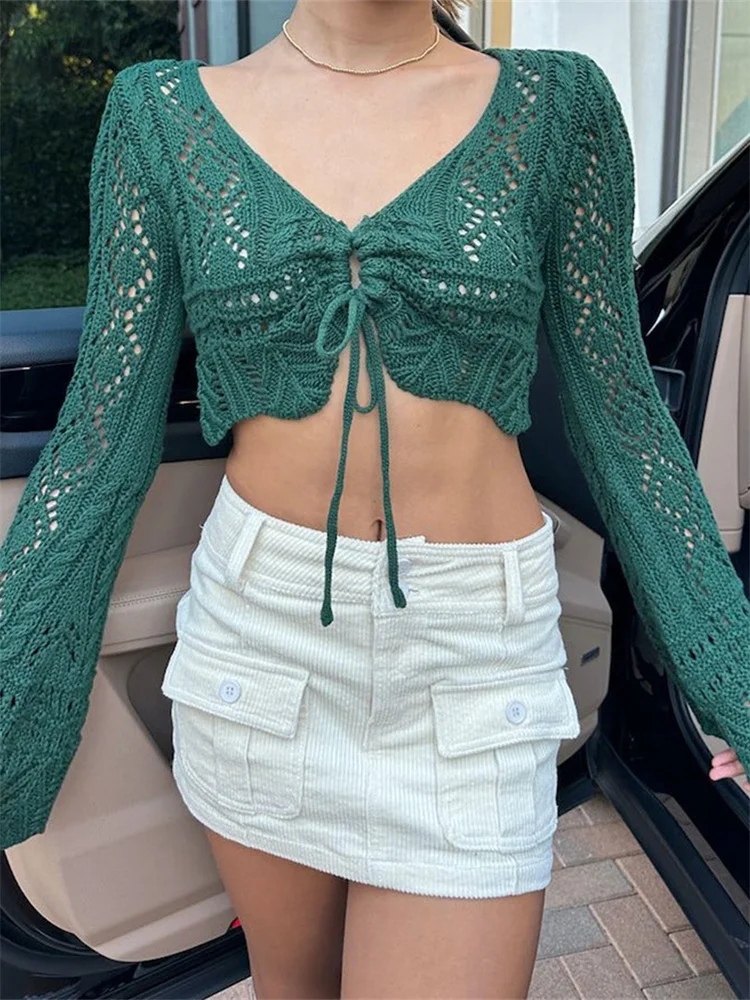 Women Knitted Hollow Out Cardigan Crop Tops Long Flare Sleeve V Neck Jumpers Front Drawstring Summer Autumn Sweaters