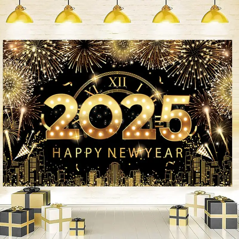 Happy New Year Banner 2025 Photography Backdrop Black Golden Firework Photo Background Vintage Firework Golden Spots home decor