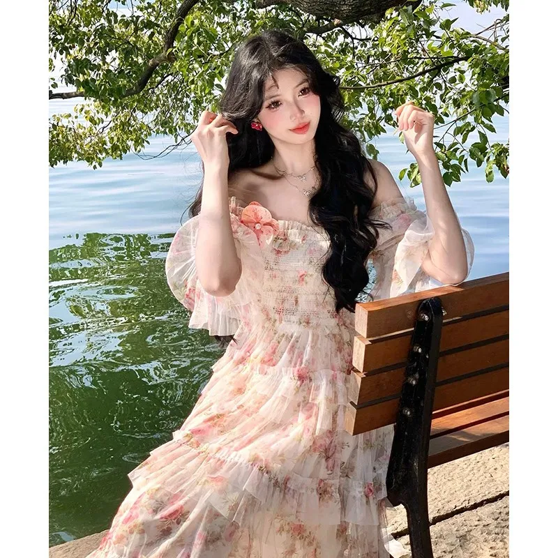 

Pink Floral Dress for Women New Style Small Platycodon Grandiflorum Puff Sleeve Waist-Tight Long